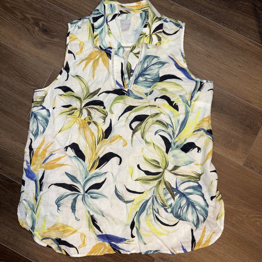 Chico's Size 3 Sleeveless Blouse 100% Linen No Iron Fresh Chic EUC Tropical Xl